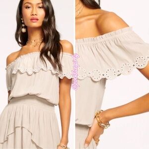 $495 Ramy Brook Cynthia Eyelet Off-Shoulder Dress in Flax Beige ⚪️